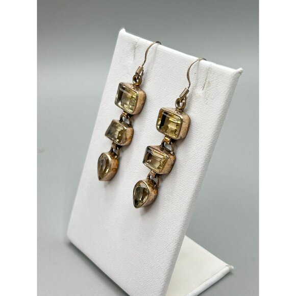 Citrine Glass Sterling Silver Dangles Earrings Dangles Geometric Drops Design - Picture 4 of 8